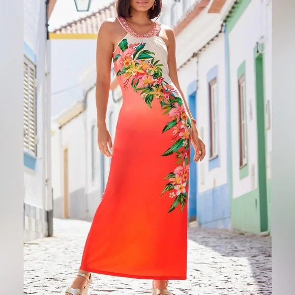 chinese dress ladies Cream Floral Silhouette Knit Maxi Dress  Gabi Swimwear